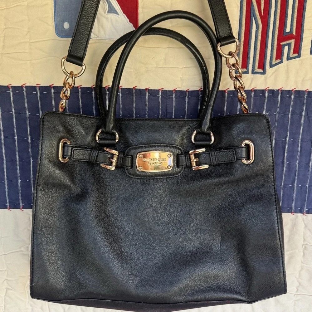 Michael Kors Hamilton Satchel Tote Bag Gold Chain Shoulder Strap Black Leather‎